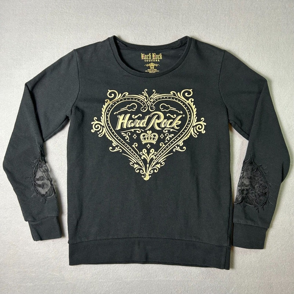 Hard Rock Couture Heart Sweater Womens XS Black Gold Lace Long Sleeve Shirt